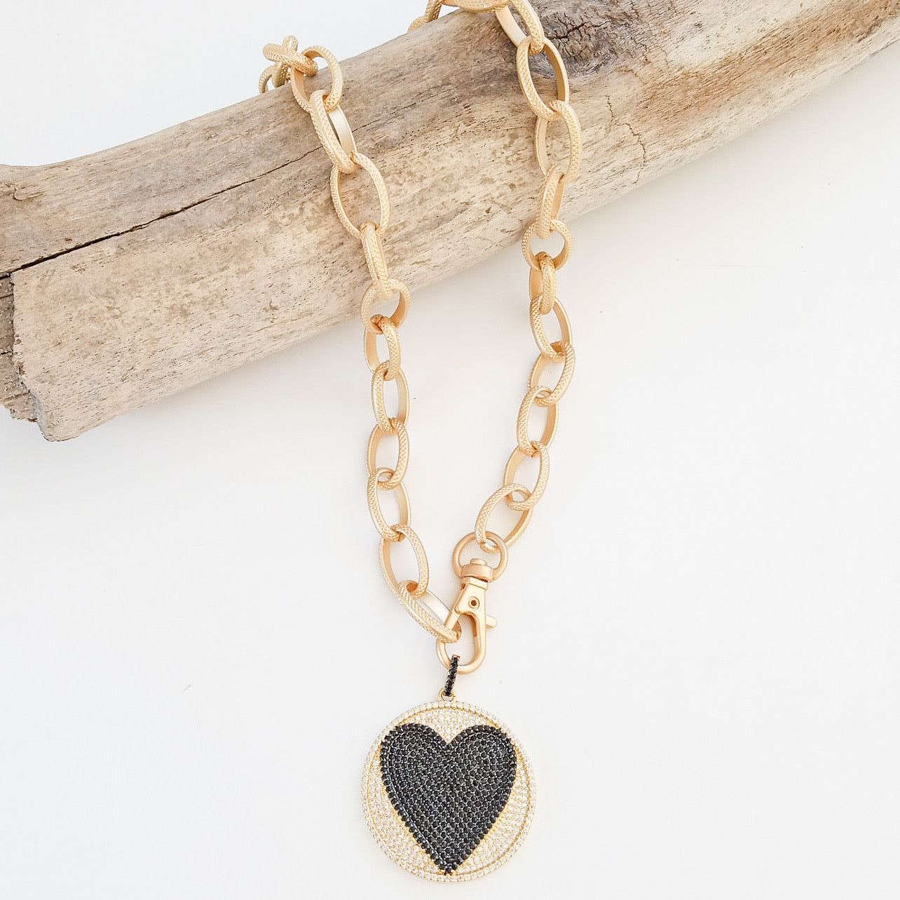 Pave Heart Disc on 20” Etched Chain