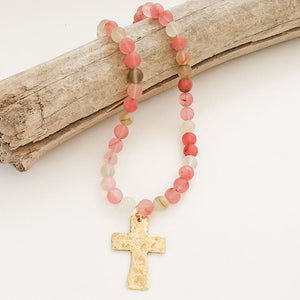 Gemstone Hammered Cross Necklace