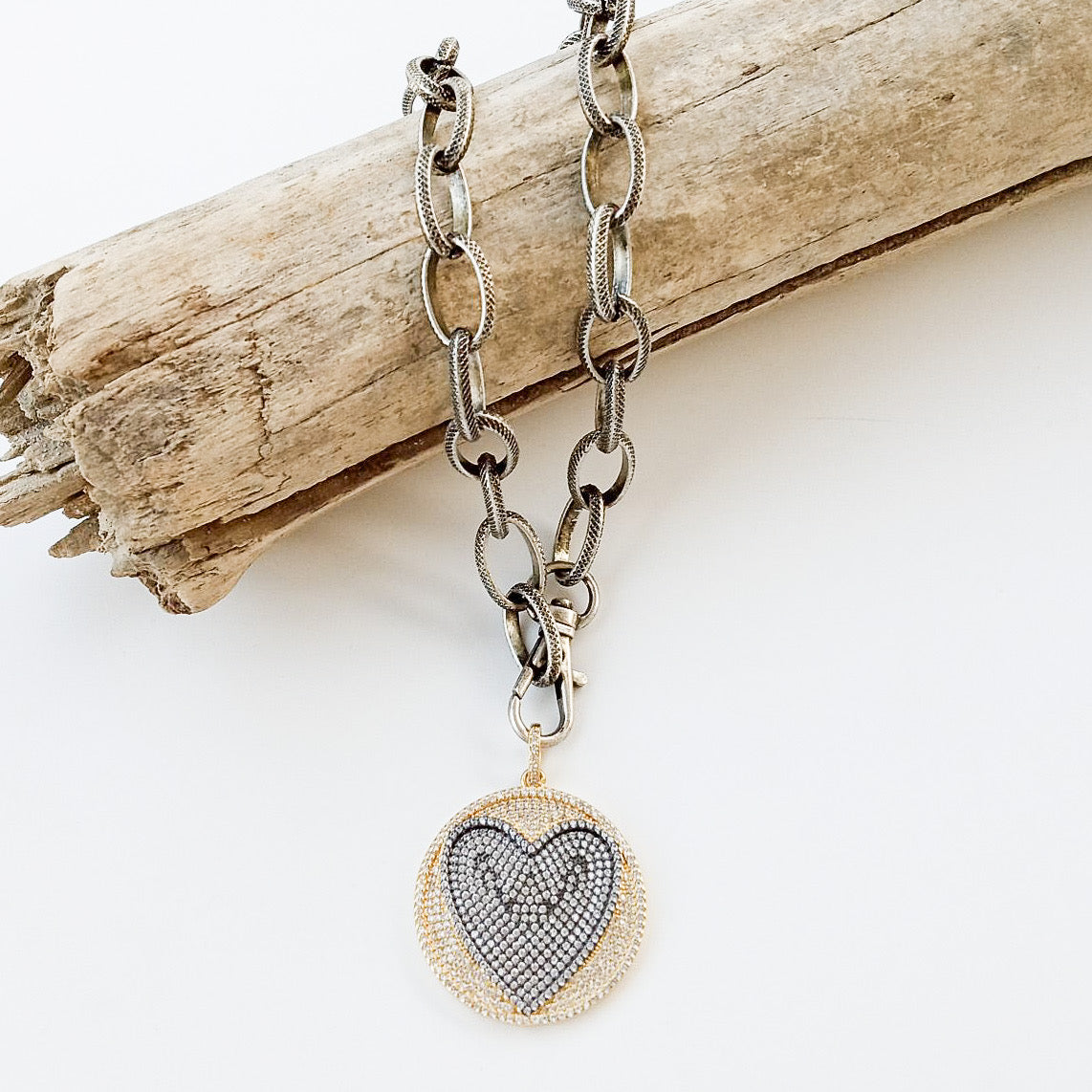 Pave Heart Disc on 20” Etched Chain