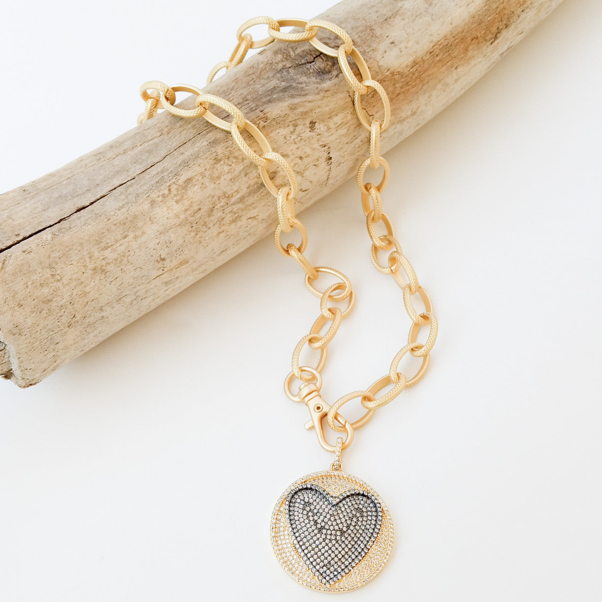 Pave Heart Disc on 20” Etched Chain