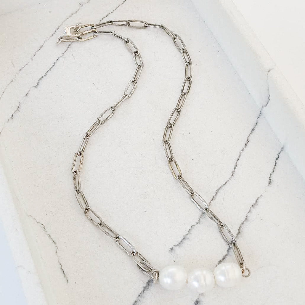 15” Large Paperclip Chain w/ Triple Pearl Connector – Virtue Jewelry Design