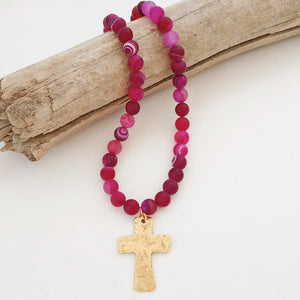 Gemstone Hammered Cross Necklace