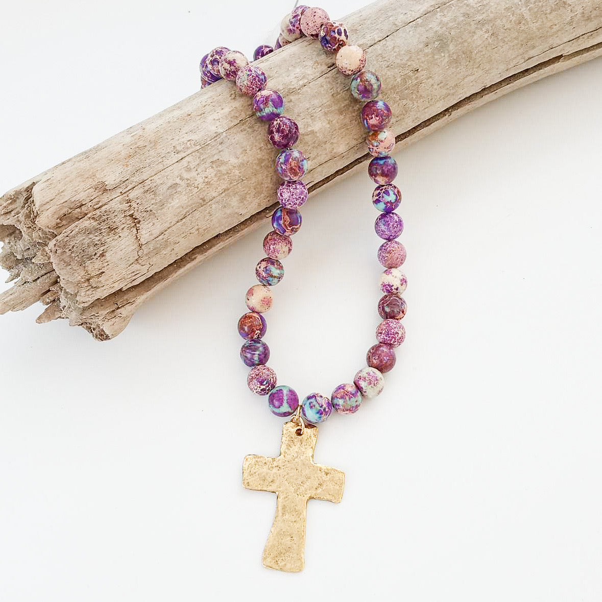 Gemstone Hammered Cross Necklace