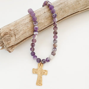 Gemstone Hammered Cross Necklace