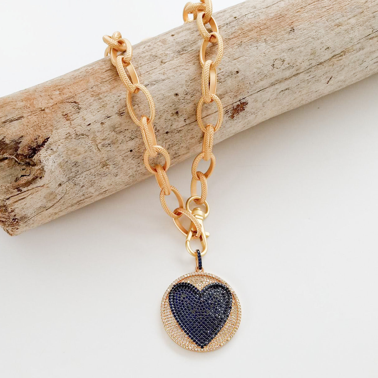 Pave Heart Disc on 20” Etched Chain