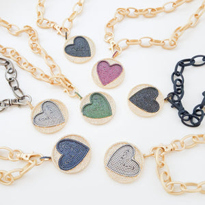 Pave Heart Disc on 20” Etched Chain