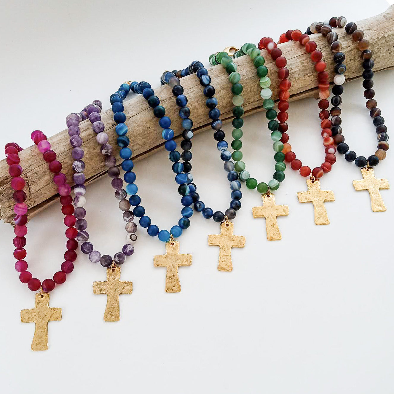 Gemstone Hammered Cross Necklace