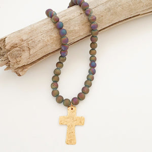 Gemstone Hammered Cross Necklace