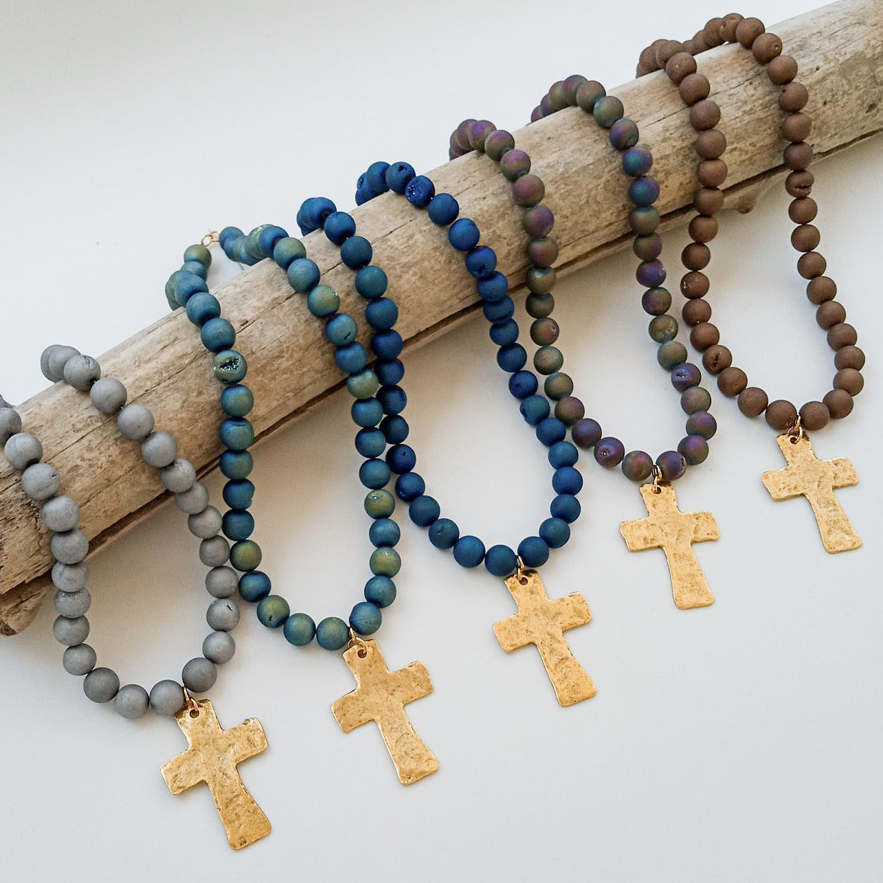 Gemstone Hammered Cross Necklace