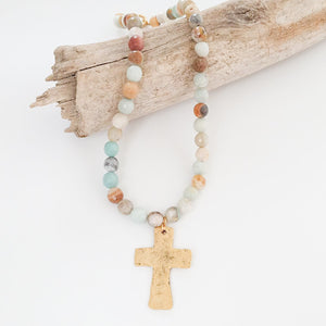 Gemstone Hammered Cross Necklace