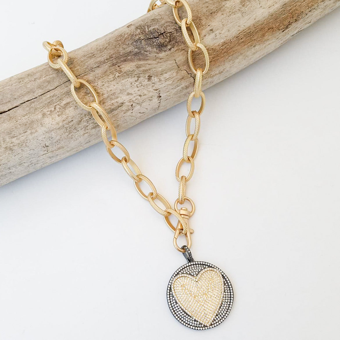 Pave Heart Disc on 20” Etched Chain